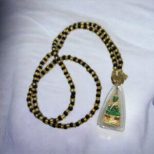 Brassy Moragod Buddha Amulet Necklace Emerald Green Life Protection 24" necklace
